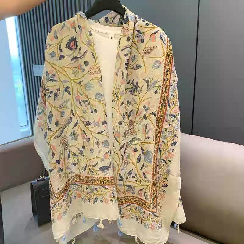 Sunscreen Shawl Spring and Summer Soft Cotton and Linen Feel Long Scarf Female Plain and Elegant Flower Fringed Silk Scarf