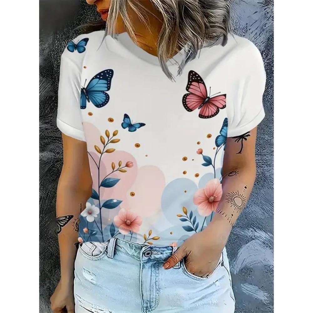 Damen Sommer 3D-gedruckt Neues lässiges kurzärmeliges Blumen-Top T-Shirt