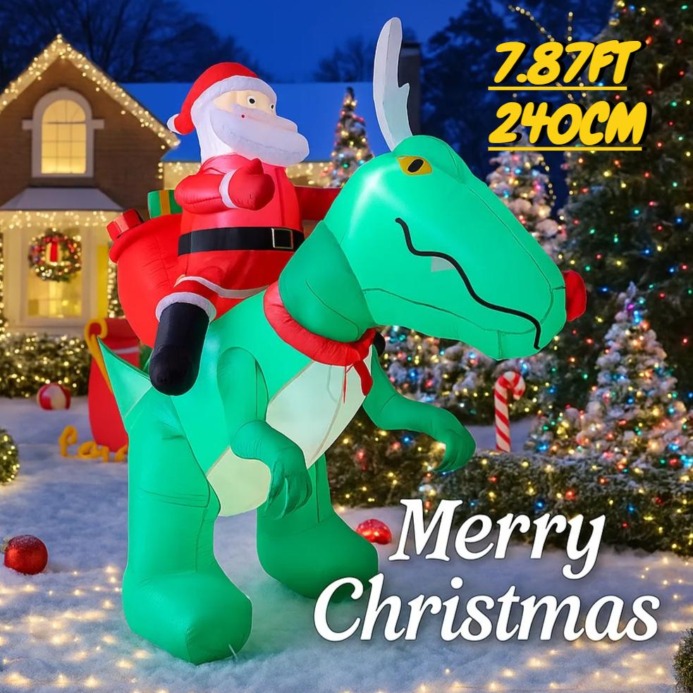 7.87FT Christmas Inflatable Toys With LED Lit Santa Claus Dinosaur Supplies Home Ornament Festive Gift Xmas Yard Decoration