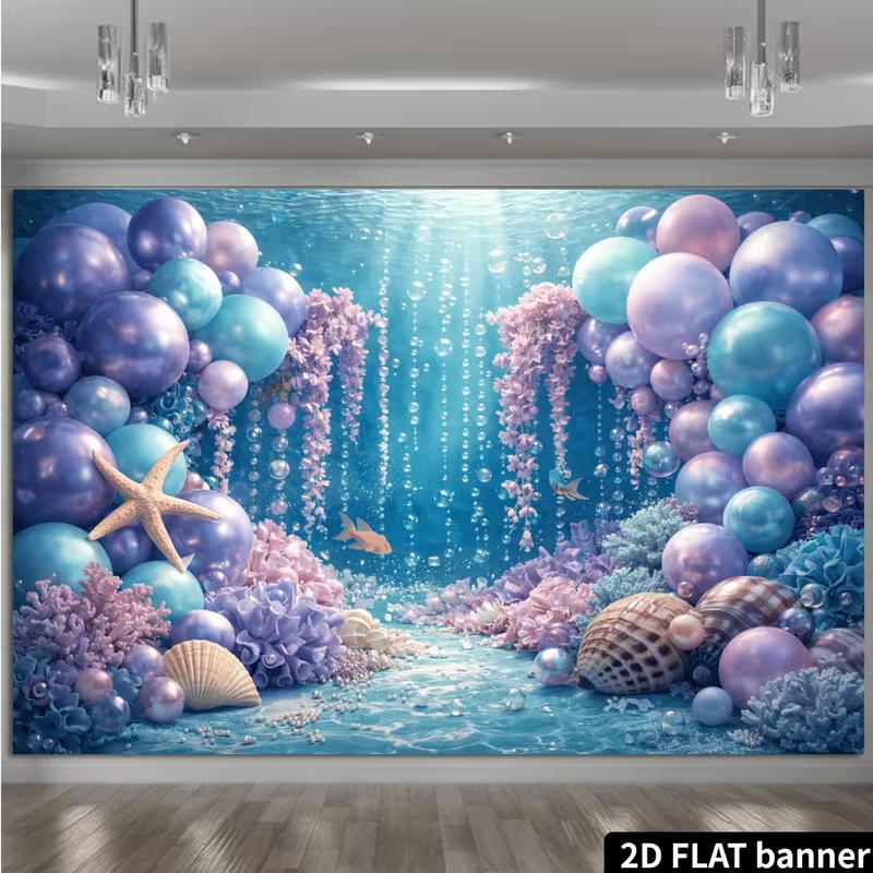 2D Blau Lila Meeresbanner, Unterwasserballon Meerjungfrauenparty Fotokabine Hintergrund