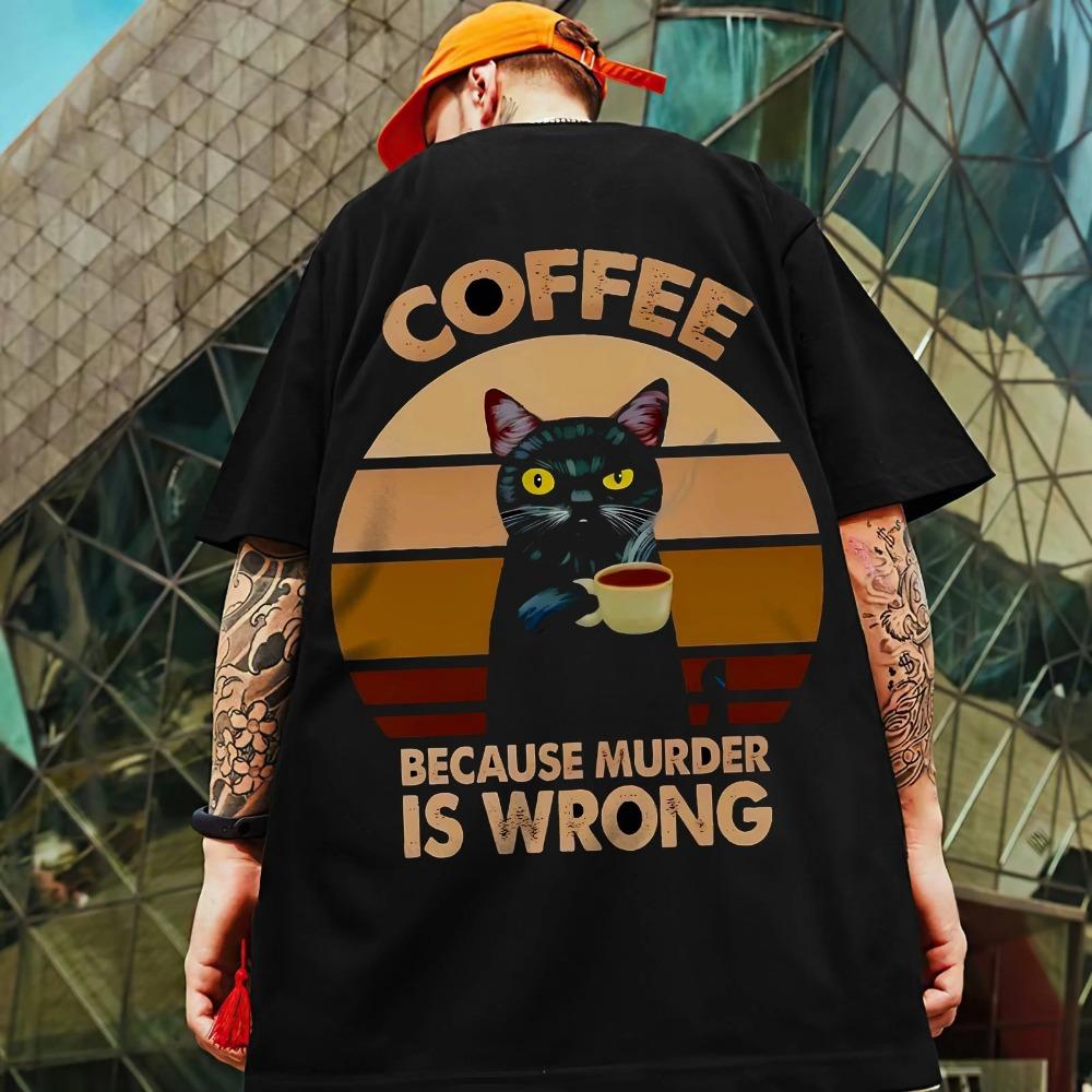 Vintage Men's T-Shirt Cat Print T-Shirt For Men Summer Casual Pullover Street Hip Hop Oversized Half Sleeve T Shirt Men Clothes