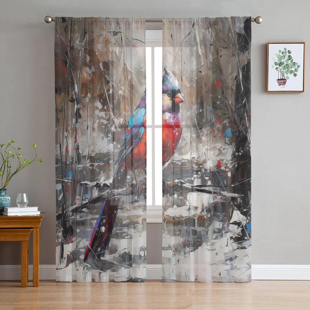 Christmas Retro Abstract Cardinal Bird Bedroom Transparent Sheer Curtains Holiday Decoration Window Voile Tulle Curtain