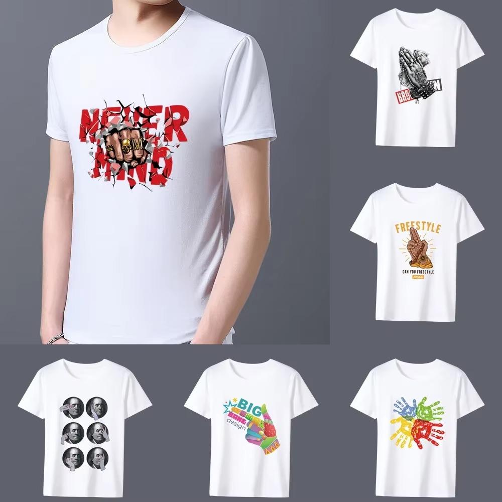 Fashionable Men's All-match T-shirt Trend Hand Pattern Printing Series O-neck Casual Commuter Comfortable Men's Slim Shirt Top
