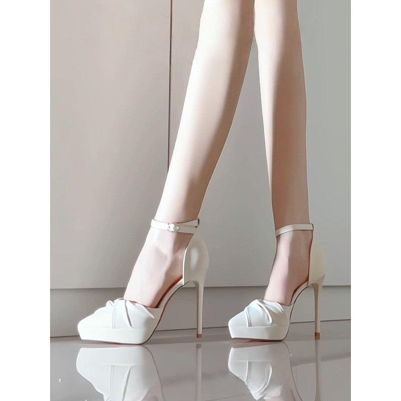 2025 meters white French premium waterproof table high heels with pleated design stiletto etiquette sandals