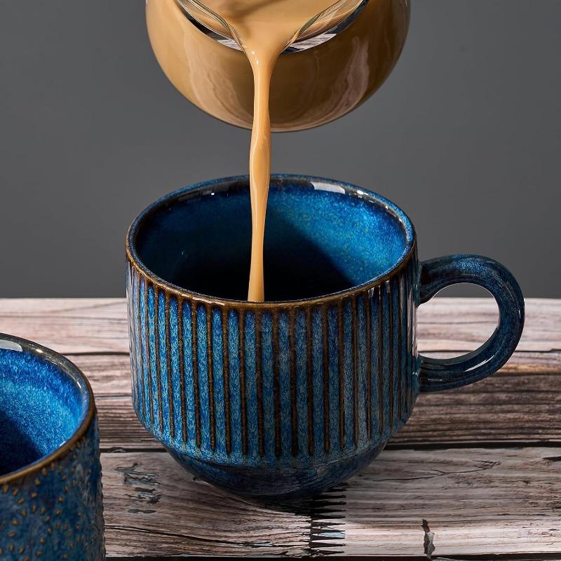 Großes Keramik-Kaffeebecher-Set mit Ständer, 15 oz Stapelbar Verschiedene Prägungen Geripptes Latte-Tassen-Set für Cappuccino