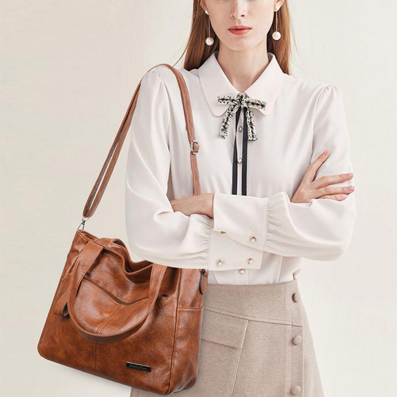 Women Vintage Soft Leather Tote Shoulder Bag Large Capacity Casual Daily Handbag with Detachable Wide Crossbody Strap Multi Pockets Commute Shopping