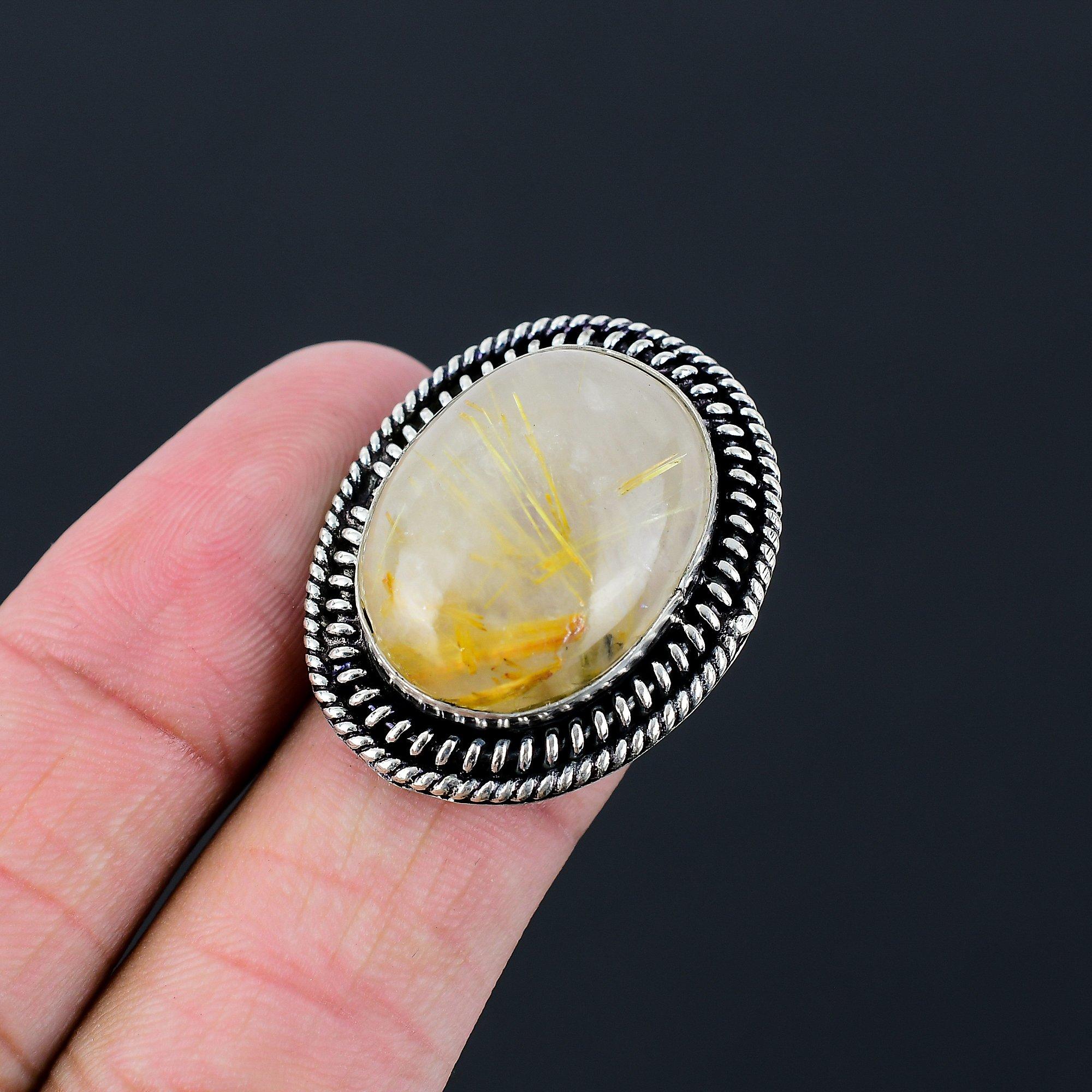 Oval Natural Golden Rutile Statement Ring Jewelry Size 7.5 925 Sterling Silver 7.5