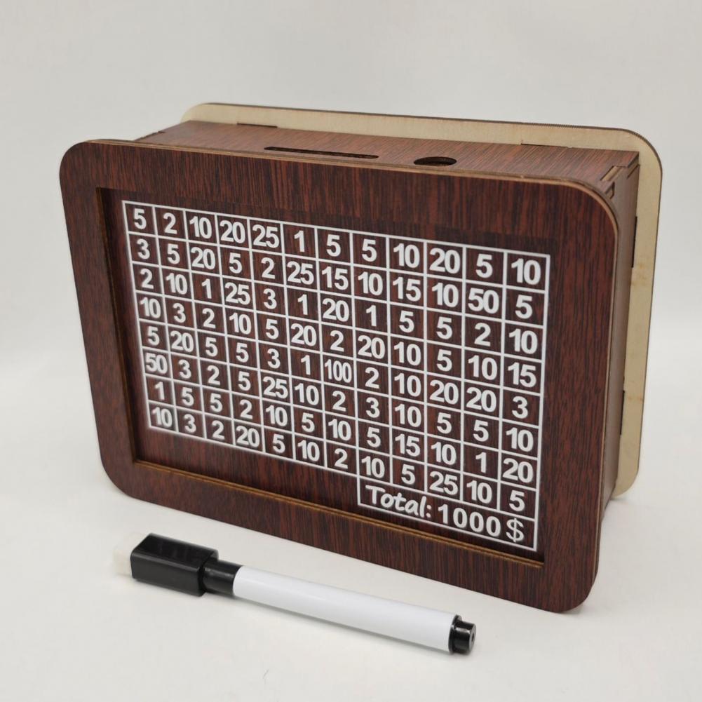 Wooden Money Box with Counter Marker Pen Vintage Piggy Bank Numbers Coin Cash Container Money Saving Challenges Box