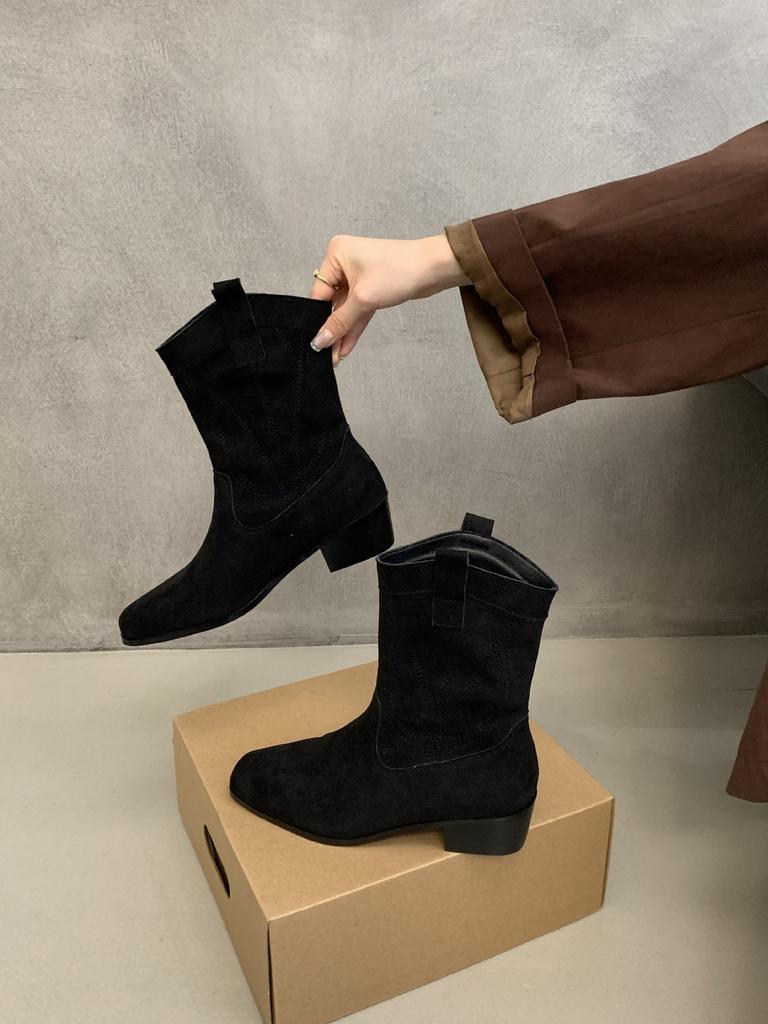 French Square Head Mori Western Boots 2025 Autumn and Winter New Versatile Simple V-mouth Thick Heel Thin Short Boots