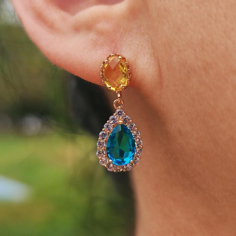 1 Pair Luxurious Colored Cubic Zirconia Drop Shape Dangle Earrings for Women Stud Earring Jewelry Wedding Party Accessories