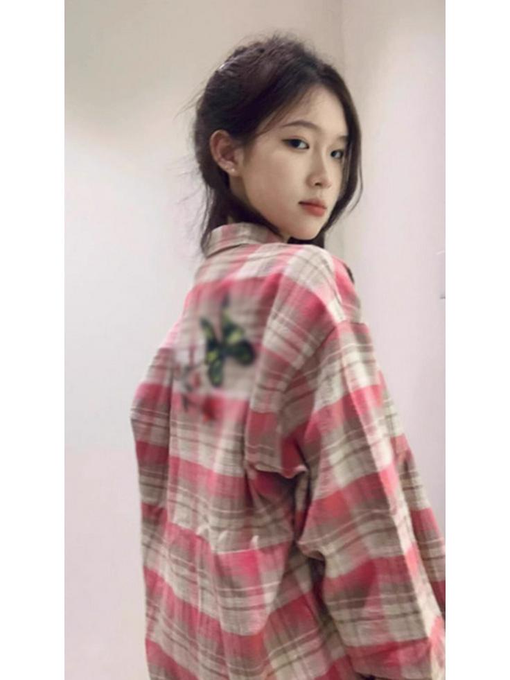 

Женская американская ретро розовая клетчатая рубашка - Весенне-осенний свободный стиль, Маленький размер, Куртка для защиты от солнца XXL розовый