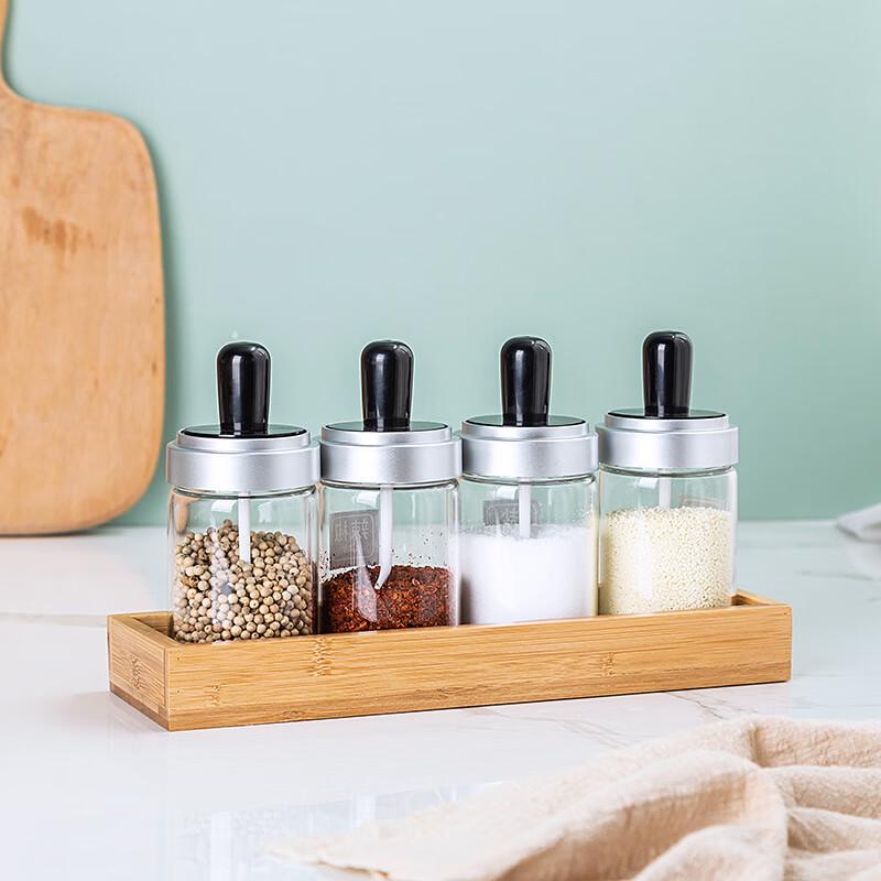 LISM Glass Condiment Jars and Oil Bottle Set with Bamboo Tray