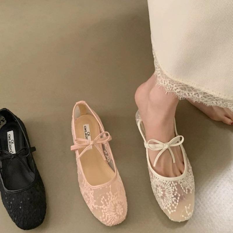 Fashion 2025 Spring Summer Lace Bow Women Mary Jane Shoes Fashion Slip On Comfort Street Style Soft Sole Female Dress Ballet Flats Shoes