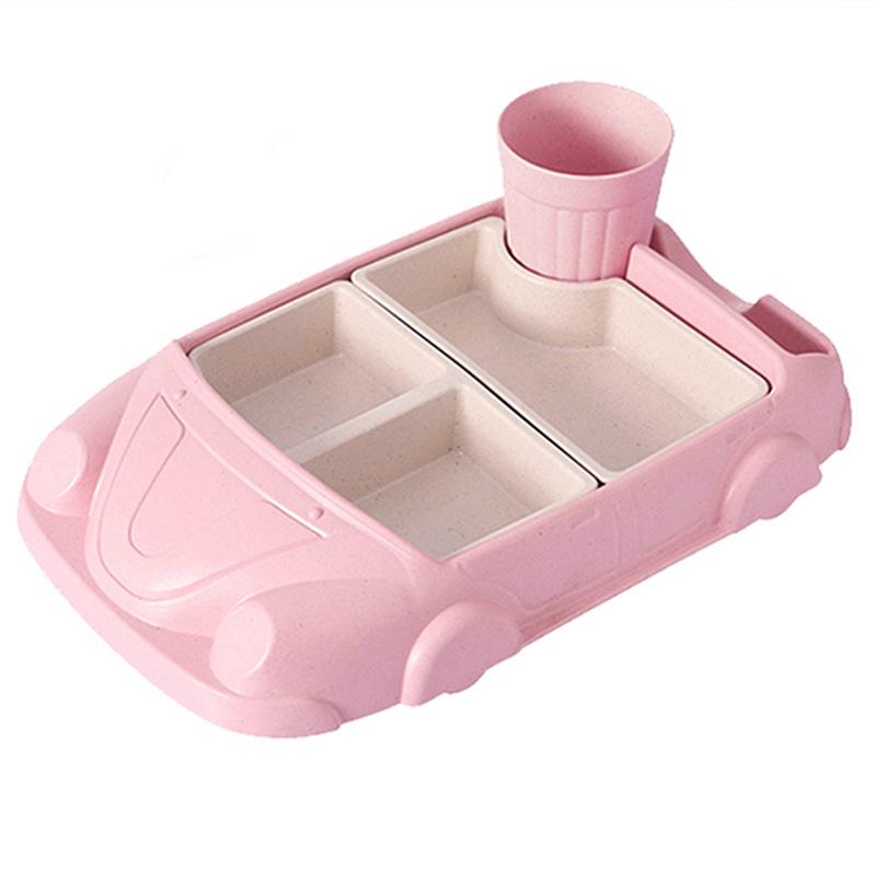 Car-Shaped Bamboo Fiber Children's Plate with Three Compartments & Water Cup - Durable, Anti-Fall Design for Baby Meals