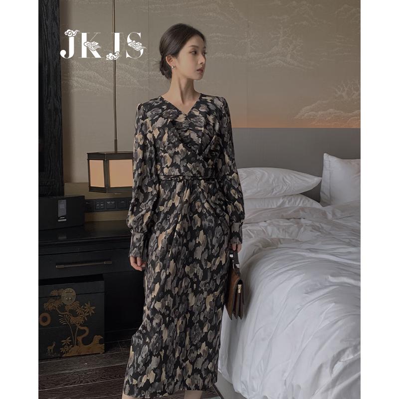 

JK&JS Elegant French Floral V-Neck A-Line Maxi Dress L