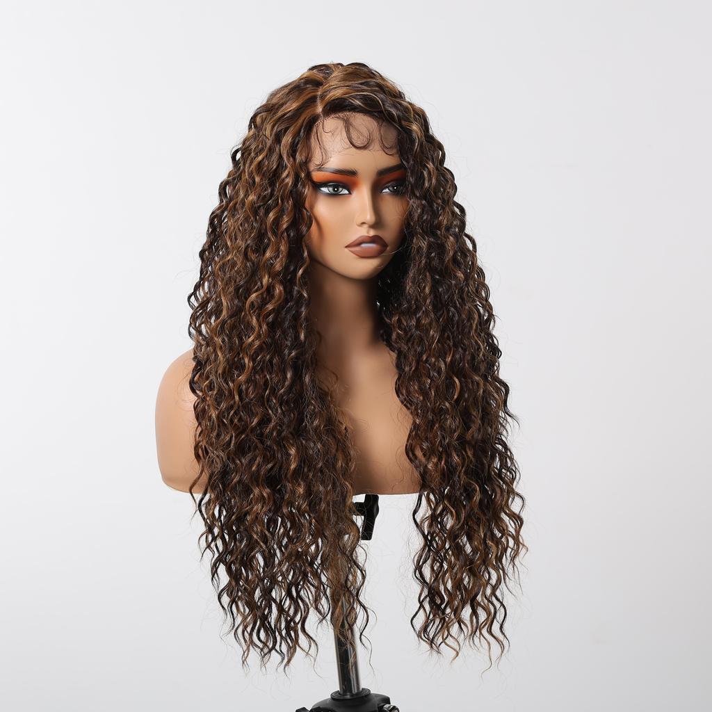 ALAN EATON Long13x4x1 Lace Synthetic Wigs Brown Highlight Golden Curly Wig for Black Women Natural High Density Daily Use