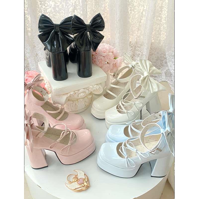 Cute sweet color soft girl Japanese single shoes 2024 autumn new original bow middle heel waterproof table Lolita shoes