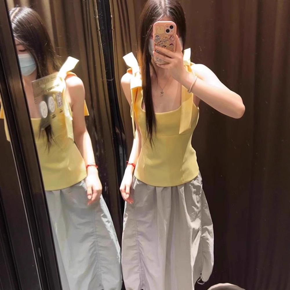 Slim and Thin Solid Color Sleeveless Square Neck Top Summer Sweet Niche Design Bow Sling Vest Women