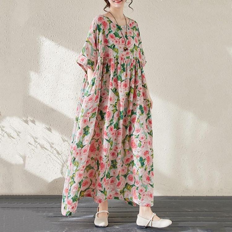 Vintage Floral Summer Casual Dress for Women Plus Size Loose Long Cotton Short Sleeve New In