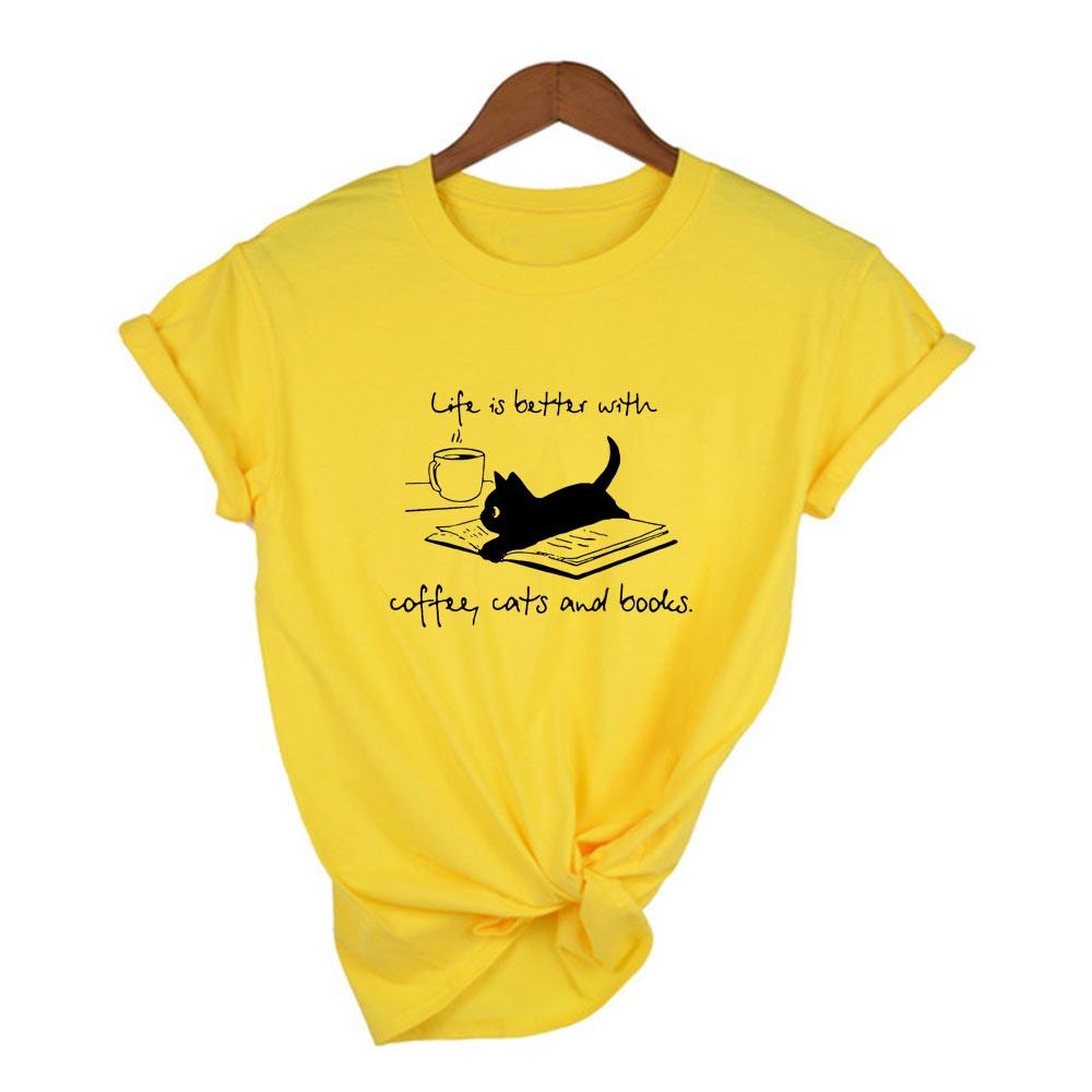 Life Is Better With Coffee Cats And Books T Shirt Women Funny Casual Tshirt Summer Style