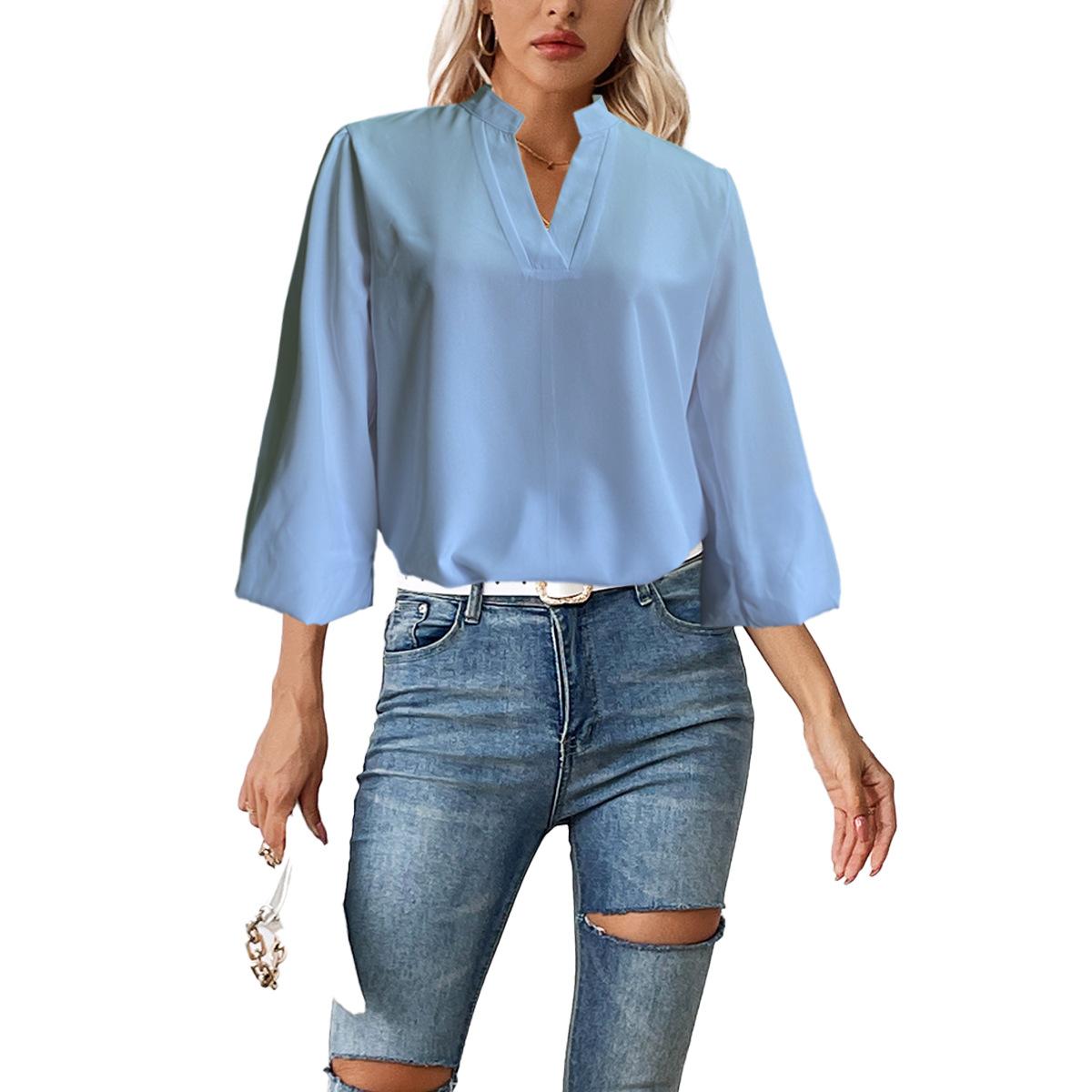 

HNXC Осенняя женская однотонная универсальная рубашка-пуловер с длинным рукавом XXL светло-синий