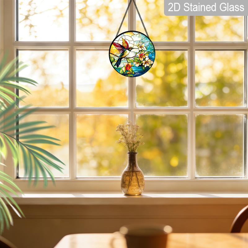 2D Flat Stained Glass Hummingbirds Window Decoration, 7.87inches Colored Glass Plate with Chain, Charming Spring Summer Sun Catcher Home Livingroom