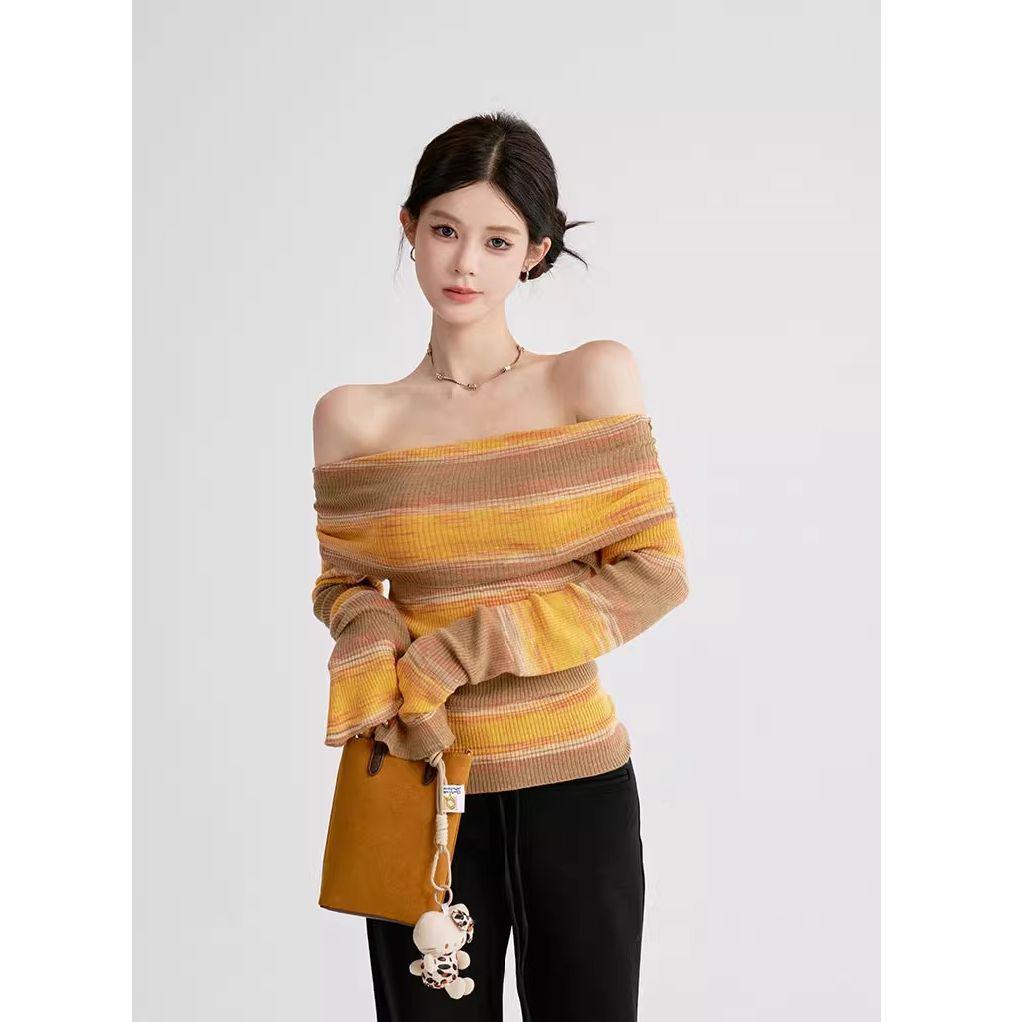 

Трикотажный топ с длинными рукавами и открытыми плечами в полоску с цветовыми блоками - Осенний стиль, Приталенный One Size жёлтый