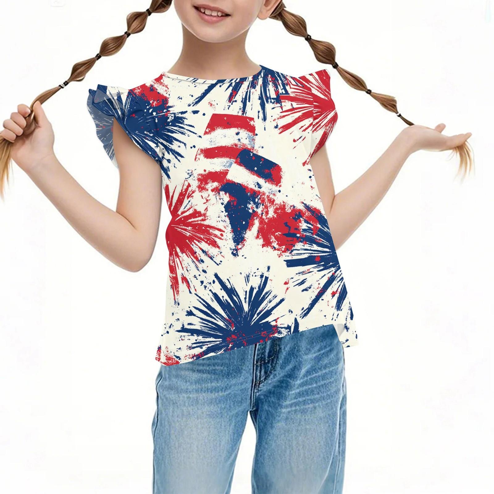 Children s Casual Short-Sleeved Pleated Cute Independence Day Printed Round-Neck Top 140 бежевый