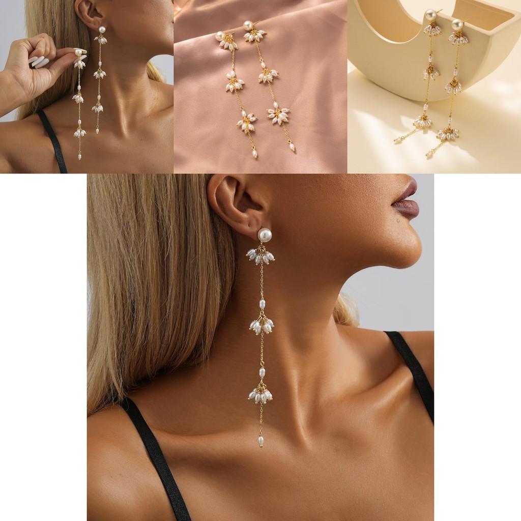 Stylish Copper Gold Chain Dangle Earrings With Faux Pearl Accents
