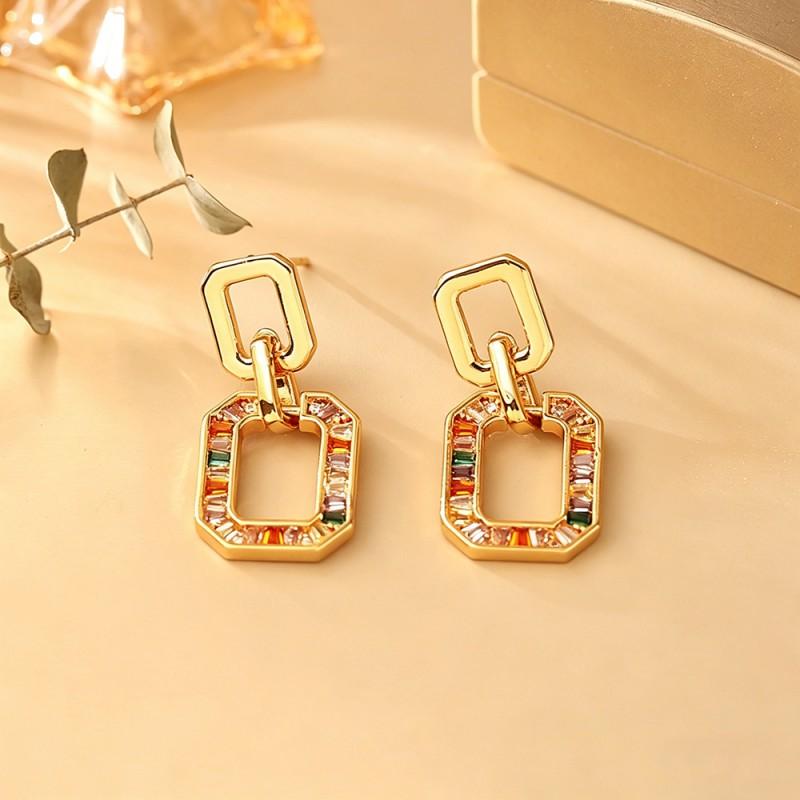 Geometric Rainbow Zircon Earrings Women Gold/ Tone Sterling Post Lightweight Chic Statement Jewelry