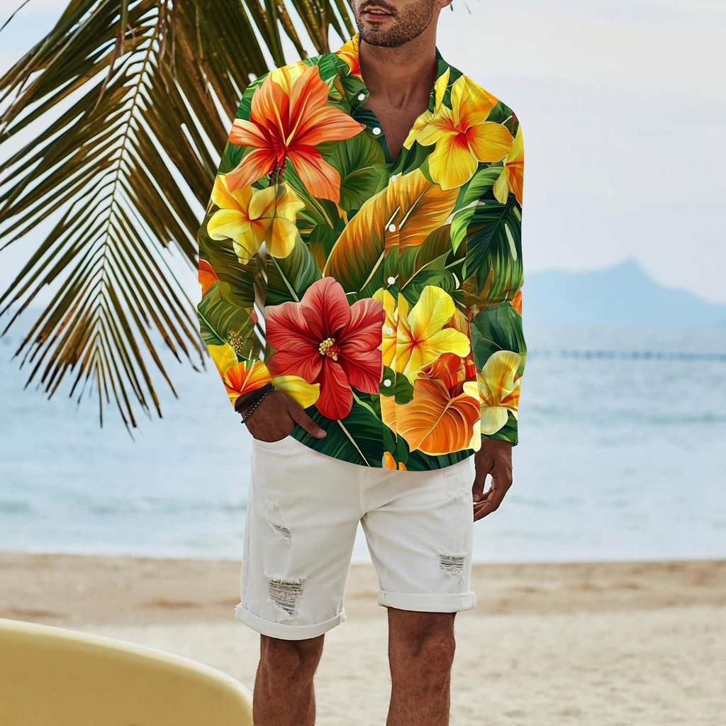 Men's Fashion Long Sleeve Printed Casual T Shirt Button Regular Fit Shirt Top