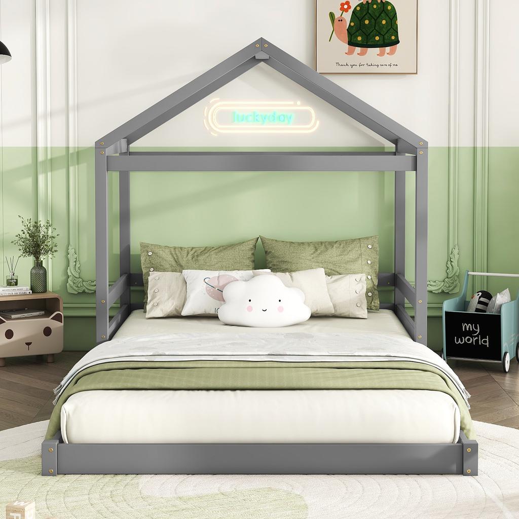 House Bed, 140 X 200 Cm, Children's Bed In House Shape with Slatted Frame (without Mattress), Pine Wood, Minimalist Style, Grey