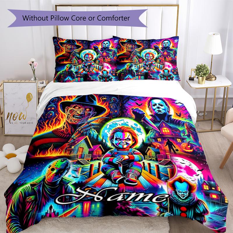 3pcs Custom Name Halloween horror Bedding Set Duvet Cover Closure Includes 1 Duvet Cover & 2 Pillowcases, Soft and Comfortable for All Seasons.
