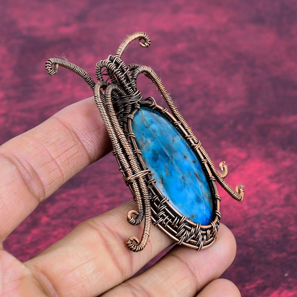 Neon Apatite Gemstone Pendant Copper Wire Wrapped Pendant Handmade Wire Jewelry