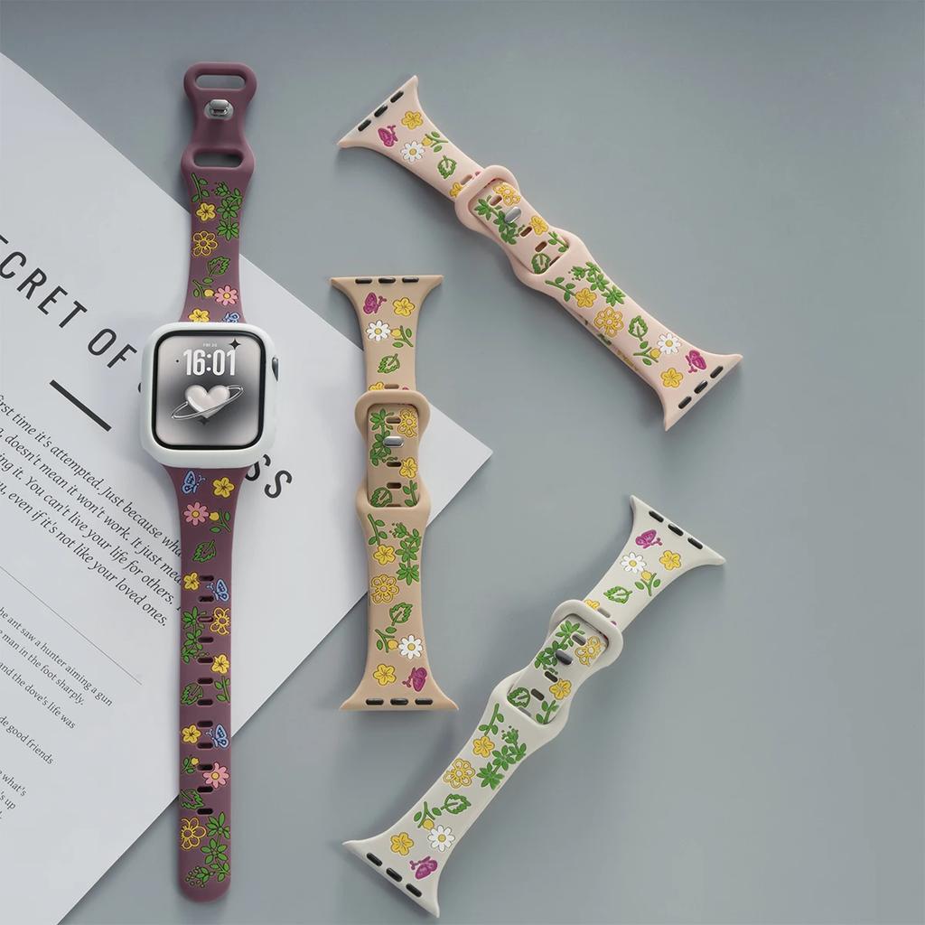 Cute Color Flowers Silicone Strap Case For Apple Watch 42mm 46mm 44 40mm 49 45 38 41mm Girl Slim Band For Iwatch 10 9 8 SE 7 6 5