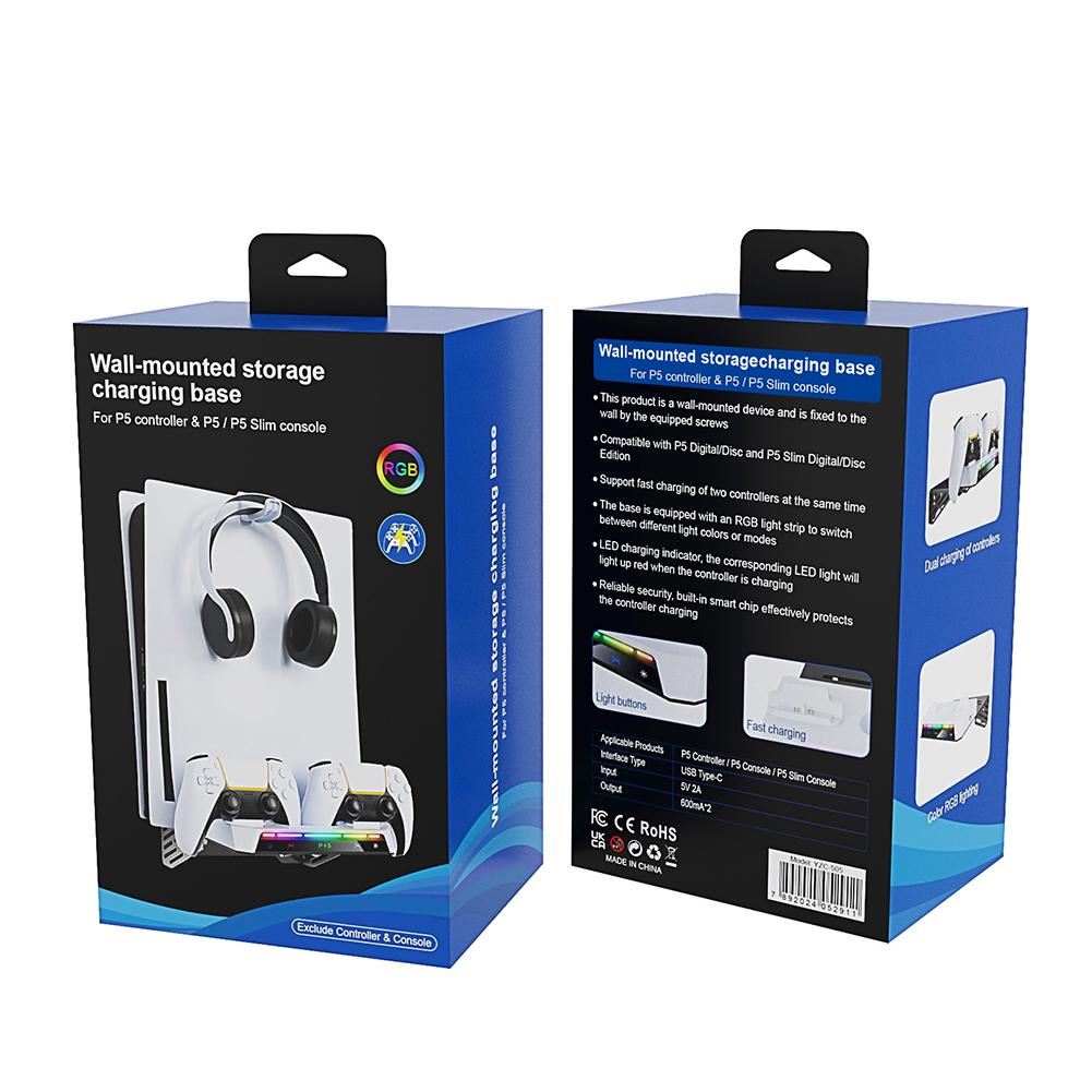 

Wall Bracket with Dual Controller Charger RGB Light Metal Wall Hanging Charger Stand for PS5 and PS5 Slim Disc & Digital Version CHINA