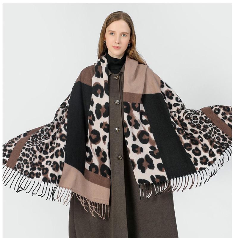 Leopard Print Women's Warm Scarf Color-block Leopard Wrap Shawl