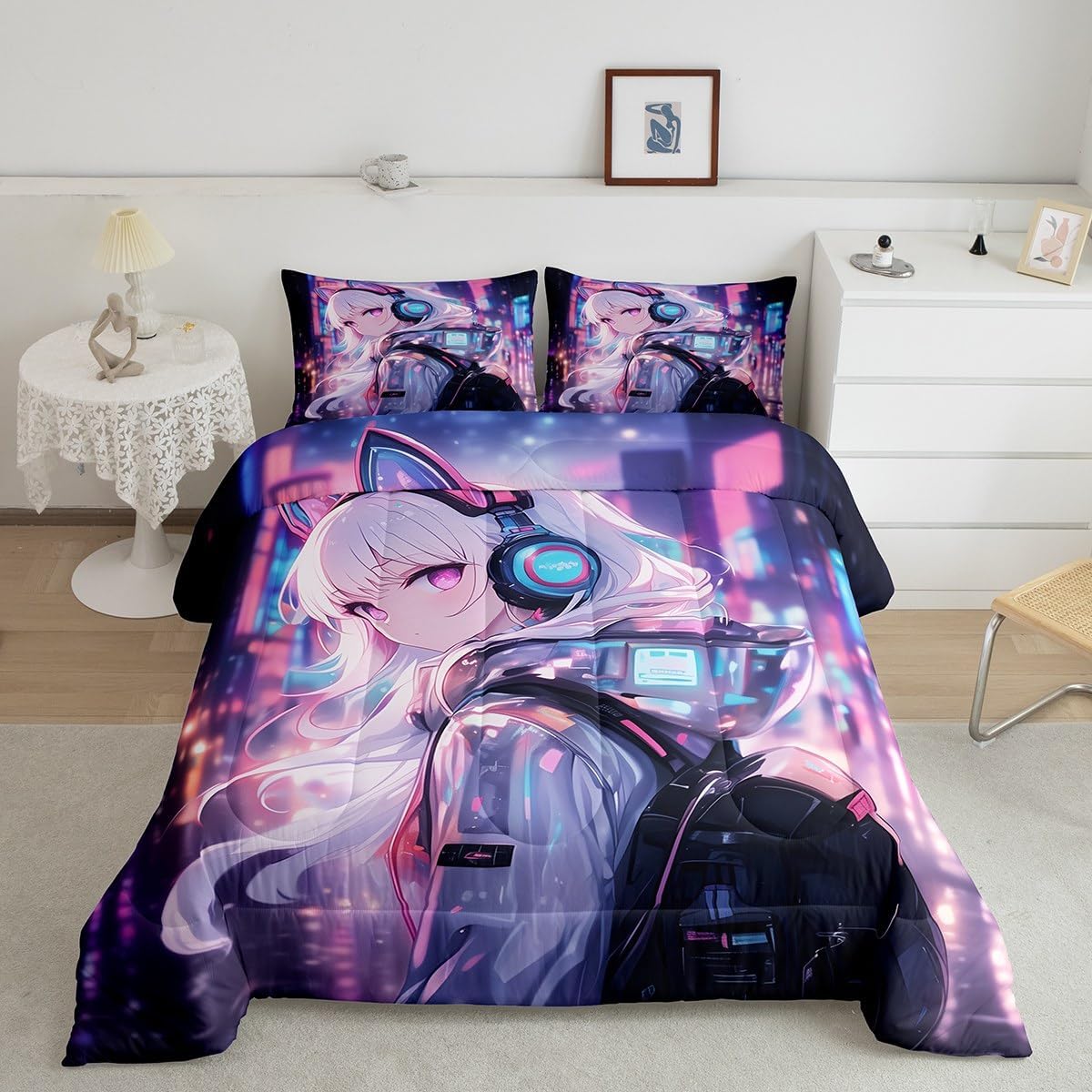 

Японский комплект постельного белья с одеялом для девочки Девочковый Аниме Твин Для детей Научно-фантастический стиль Декор игровой комнаты 3D Мультяшная аниме-девочка +2 Comforter (quilt)-EU Single(135*200cm)3pcs