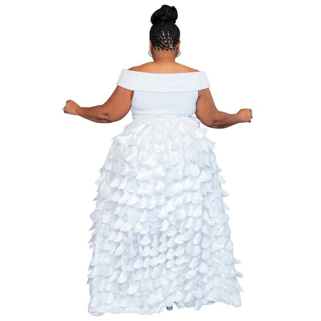 Maxi Abito da Donna Taglie Forti a Spalle Scoperte con Ruffle a Petalo 3D Vita Alta Lunghezza Maxi Elegante Abito da Sera Abito per Ospite di Matrimonio Formale Abito da Ballo