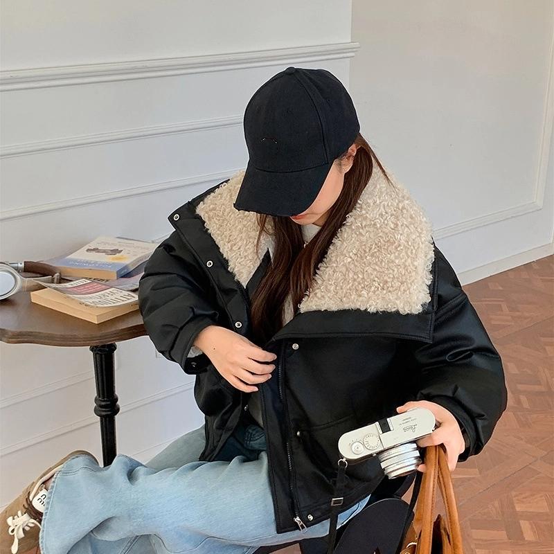 Short Lamb Wool Lapel PU Jacket