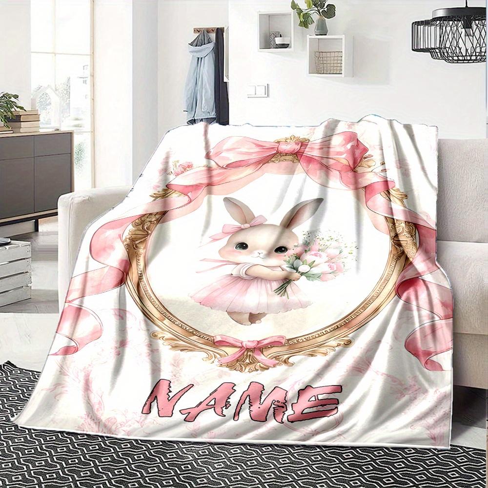Bunny Rabbit With Bouquet In Pink Dress And Ribbon Frame Four Seasons Blanket Customized With Your Name Lightweight And Warm Perfect Gift For Home