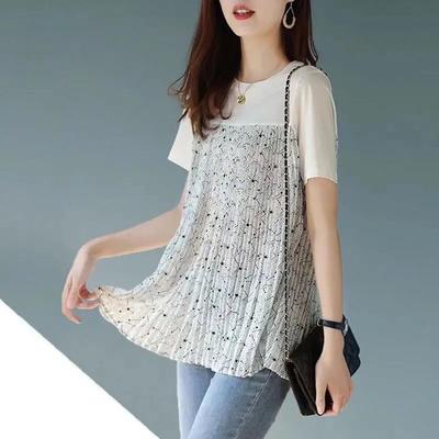 Mode Plissiertes Patchwork Pullover Damenbekleidung Lässig All-Match Locker Sommer Neu Koreanisch Kurzarm Rundhals T-Shirt