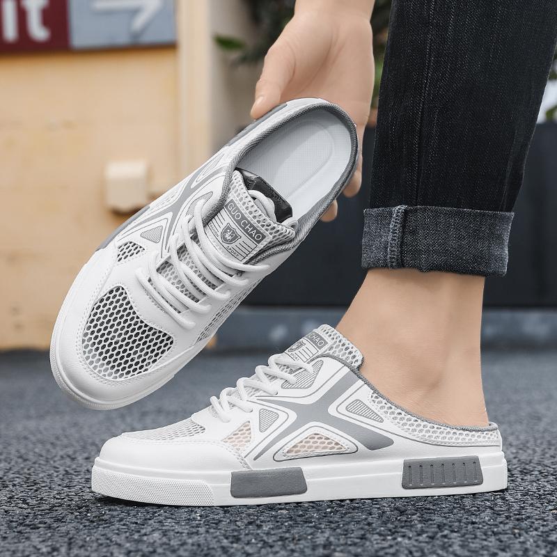 Oversized men's canvas shoes mesh half tray shoes summer sports and leisure fashionable hollow breathable sandals lazy slippers