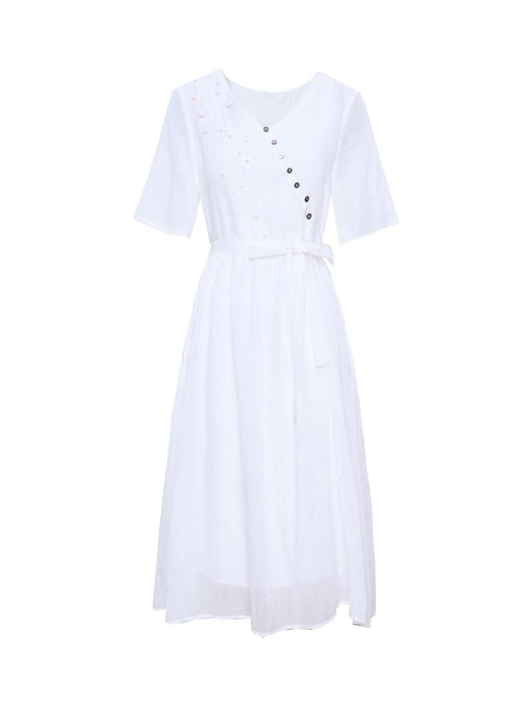 2024 Embroidered Ramie V-Neck Women's Mid-Sleeve Long Dress