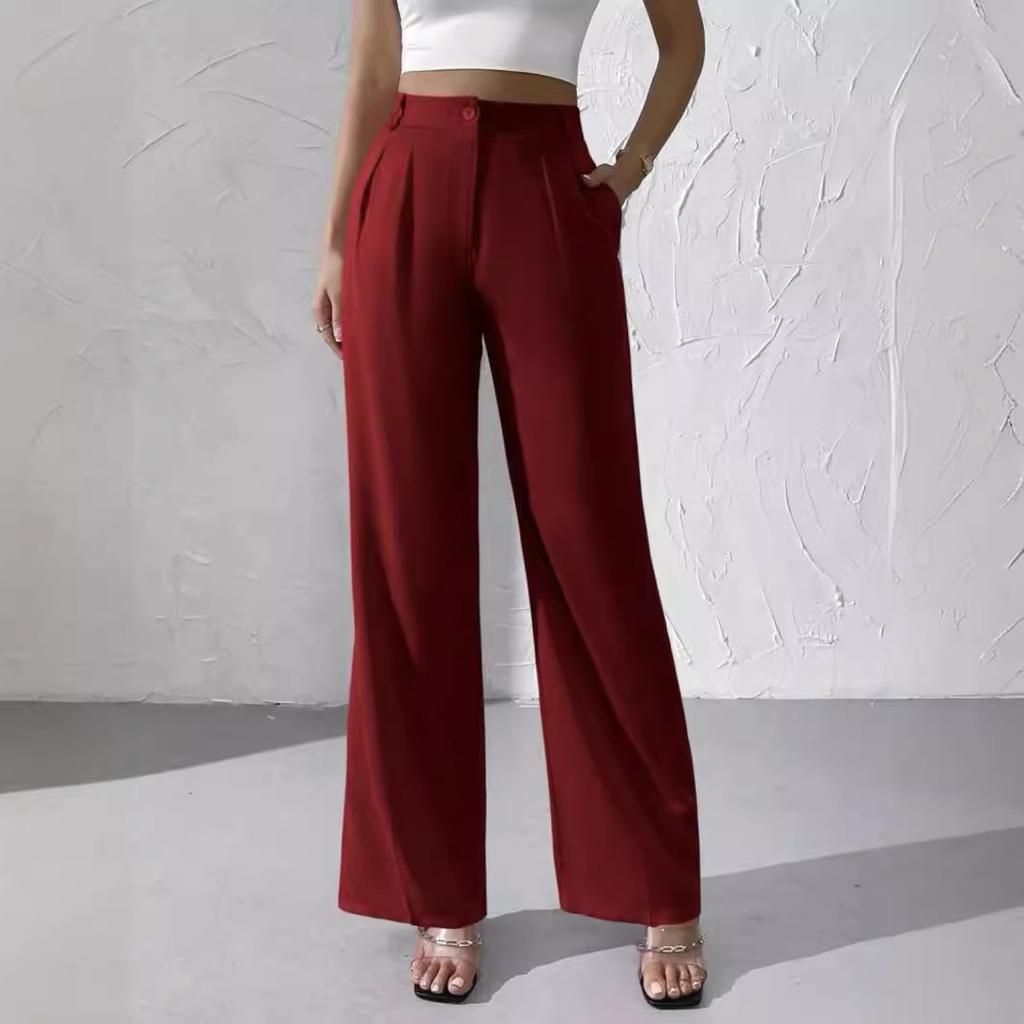 Einfarbige, elegante, hoch drapierte, gerade lange Anzughose für Damen, lässige Mode, hohe Taille, lange Hose mit weitem Bein und Taschen, bequeme Hose für die Arbeit im Büro