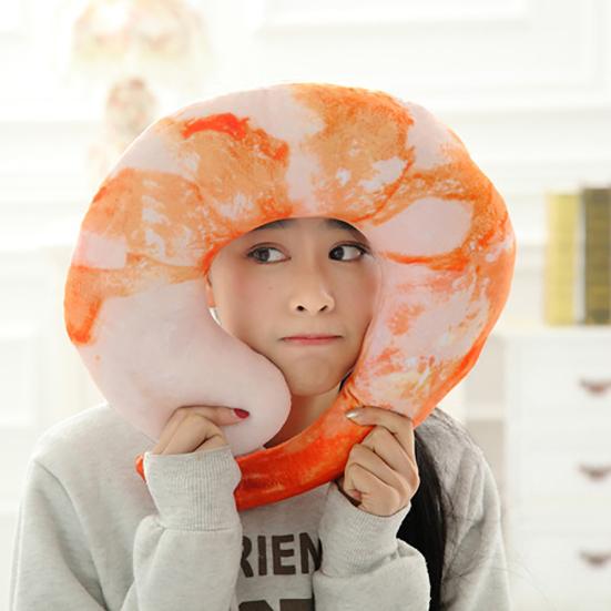 3D Shrimp Eggplant U Shaped Cushion Stuffed Plush Neck Travel Home Bed Toy