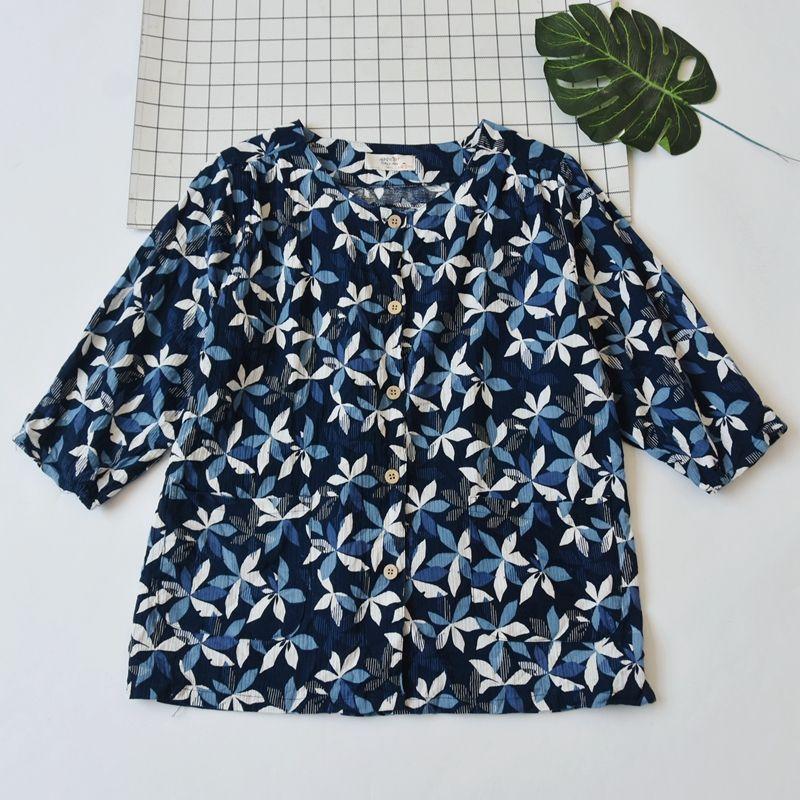 Japanese Single Women's Woven Pure Cotton Printed Homewear Pajamas Tops Summer Thin round Neck Shirt with Half Sleeve Can Be Outwear Cardigan