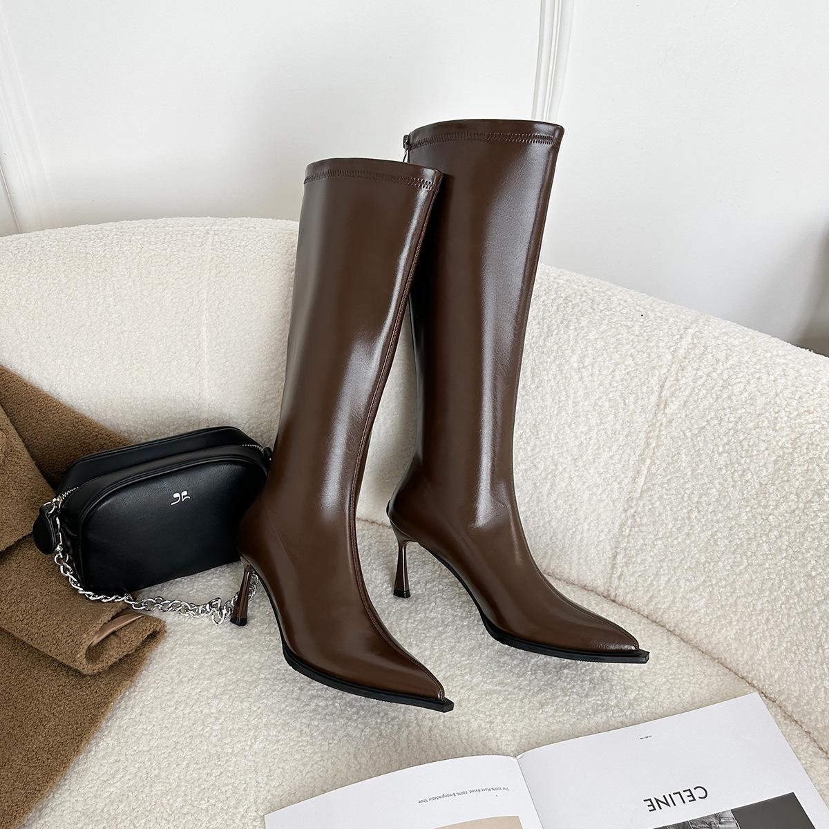 

6900-1 Корейский темперамент остроносые туфли на высоком каблуке тонкие ботинки тонкий каблук осень и зима высокие ботинки ботфорты женские 40 коричневый