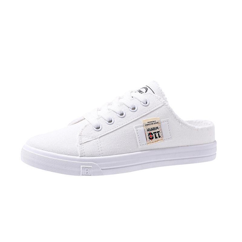 2025 Spring and Autumn New Canvas Shoes Female Students Half Drag Lazy One Pedal Versatile Breathable Casual White Shoes Tide