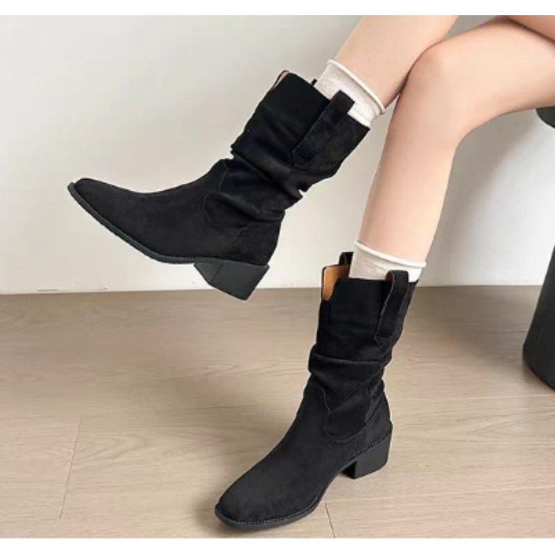 

Новые женские ботильоны Осень-Зима, обувь из коровьей замши для женщин, короткие ботинки с острым носком, массивная обувь, ковбойские ботинки 40 чёрный